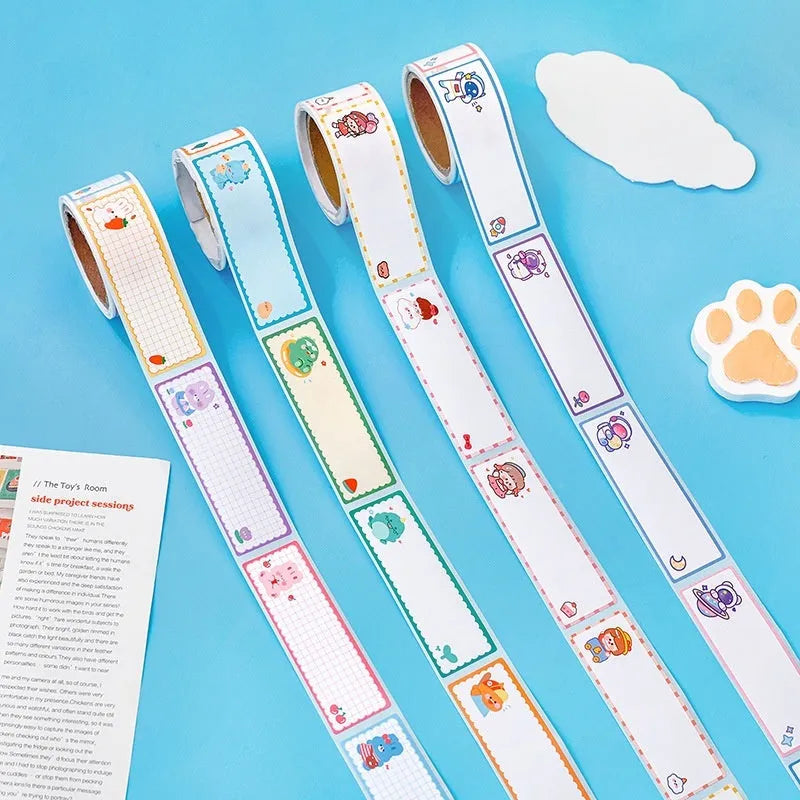 Roll of student name tape stickers with cartoon designs for school organisation