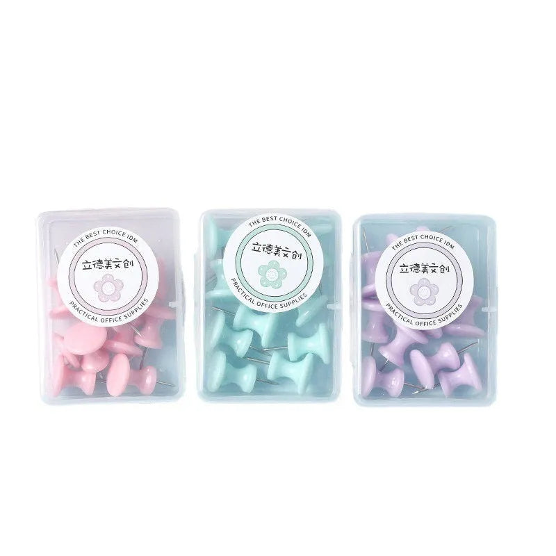 Macaron colour plastic push pins in cherry blossom pink, mint green, and lavender with large and small sizes