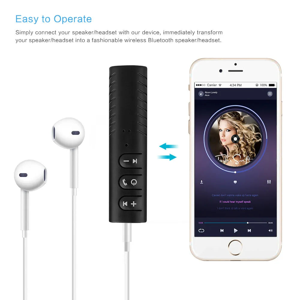 Black plastic Bluetooth audio receiver with 3.5mm plug and Mini USB port, 1.4 x 1.5 x 5.8cm