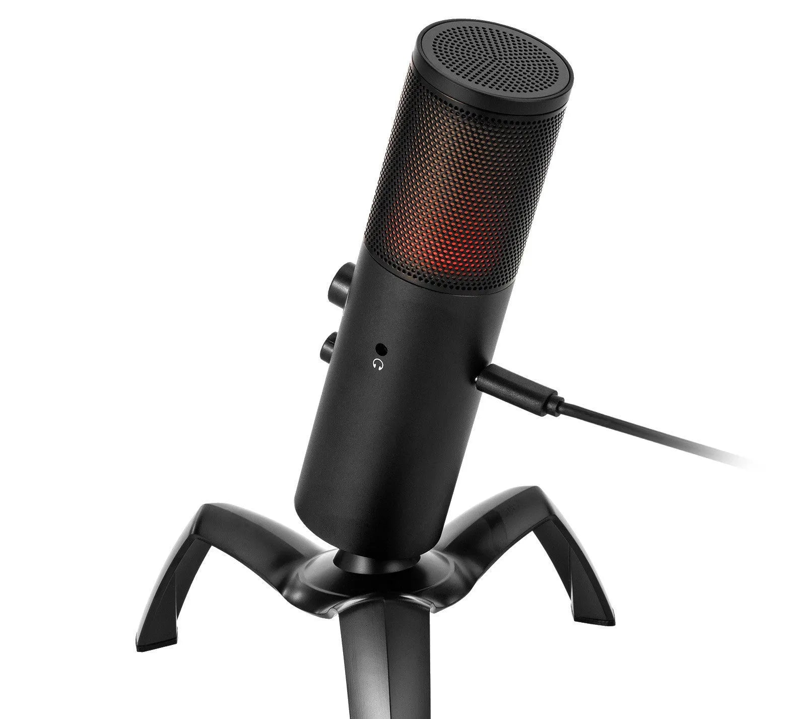Black Q18 USB condenser microphone with RGB lights on a adjustable metal tripod