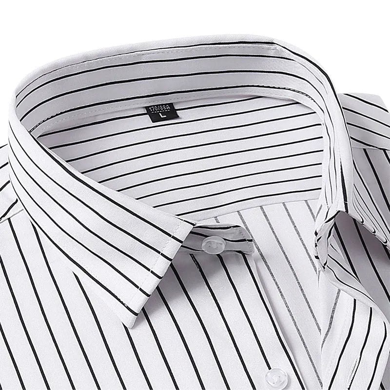Men's striped business formal long sleeve shirt in polyester blend fabric with slim fit cardigan style