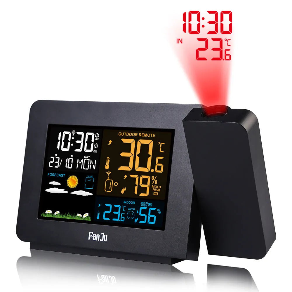 Multifunctional projection alarm clock showing time and temperature projection, with dual alarm and weather forecast on digital display