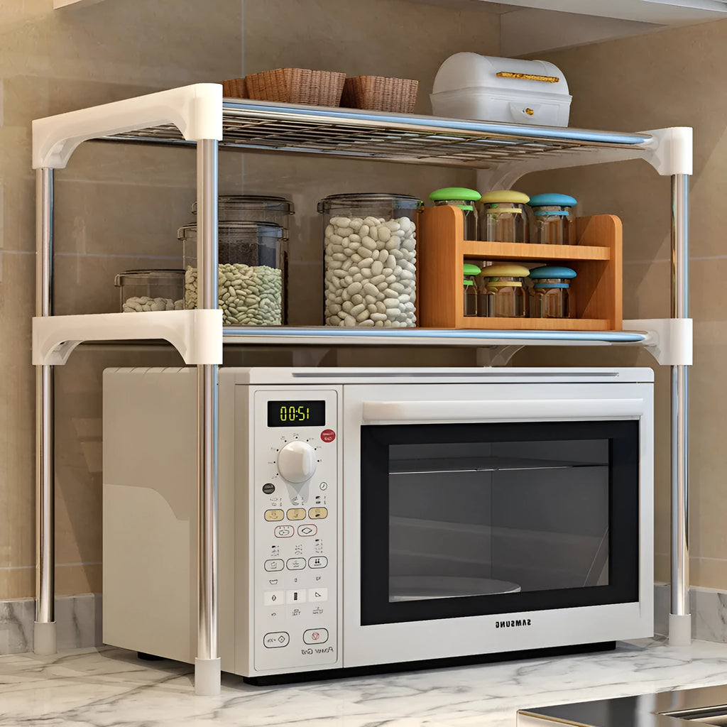 Two tier silver and white kitchen shelf rack with iron tubes and plastic connectors, 22.4 inches wide