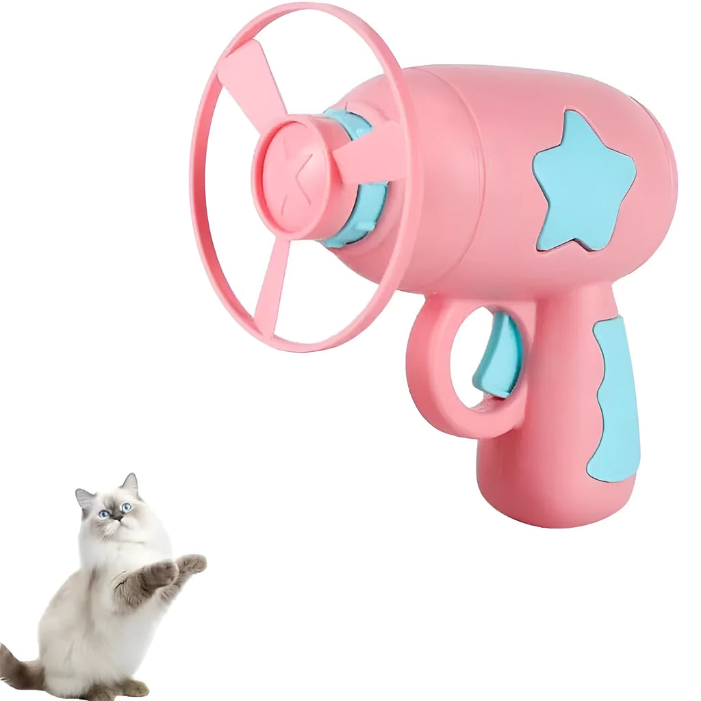 Blue plastic cat toy gun with spinning Frisbee for indoor feline entertainment