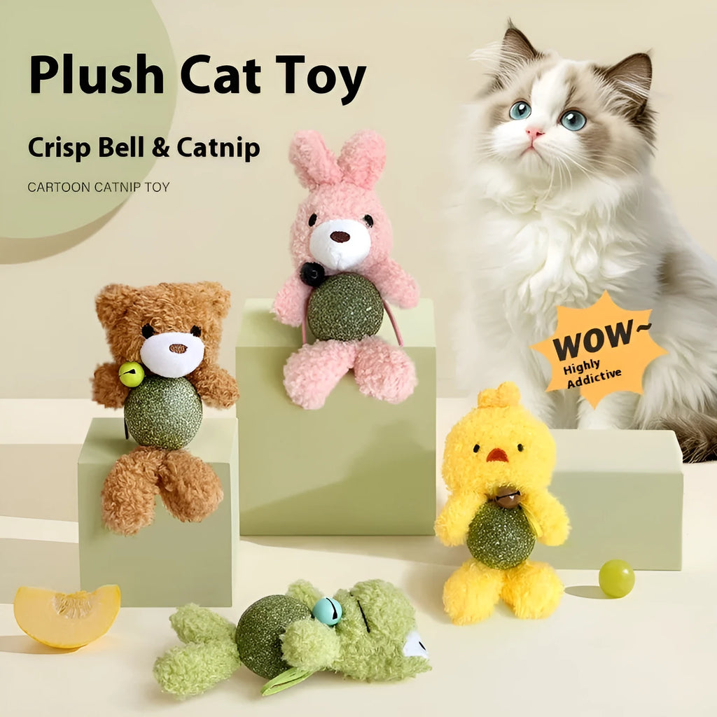 Brown Bear plush cat toy with a bell and catnip ball, measuring 15cm high.