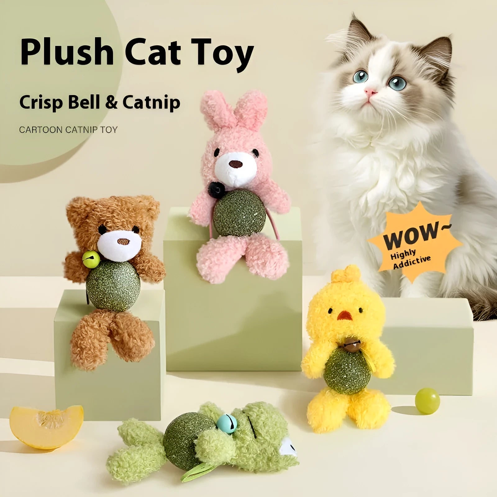 Brown Bear plush cat toy with a bell and catnip ball, measuring 15cm high.
