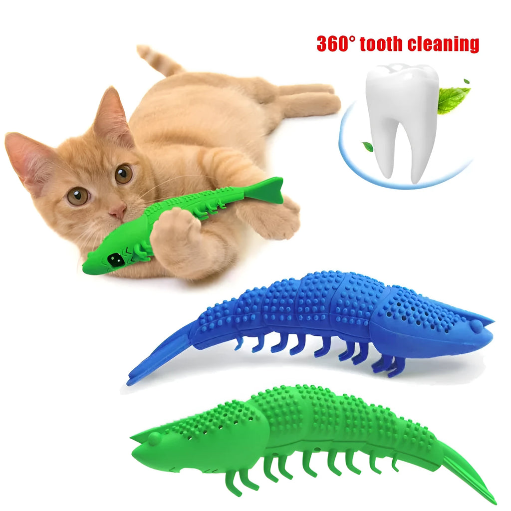 Blue hard rubber cat toy with a 360-degree teeth cleaning design and a bell inside.