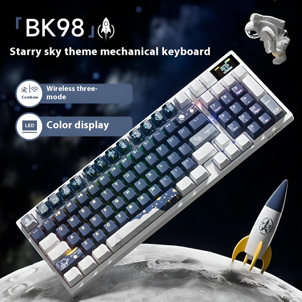 Wireless mechanical keyboard with three-mode Bluetooth, 88-98 keys, RGB backlight, hot swap switches, and colour screen display