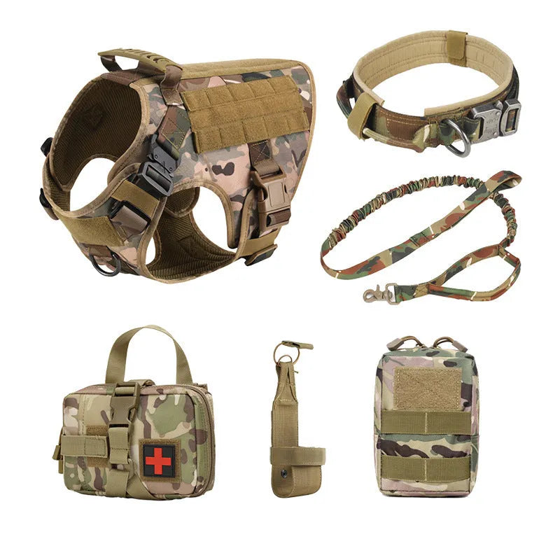 Dog wearing tactical combat vest set in CP camouflage with harness and protective gear
