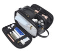 Men's black toiletry bag with multiple compartments made from waterproof PU leather