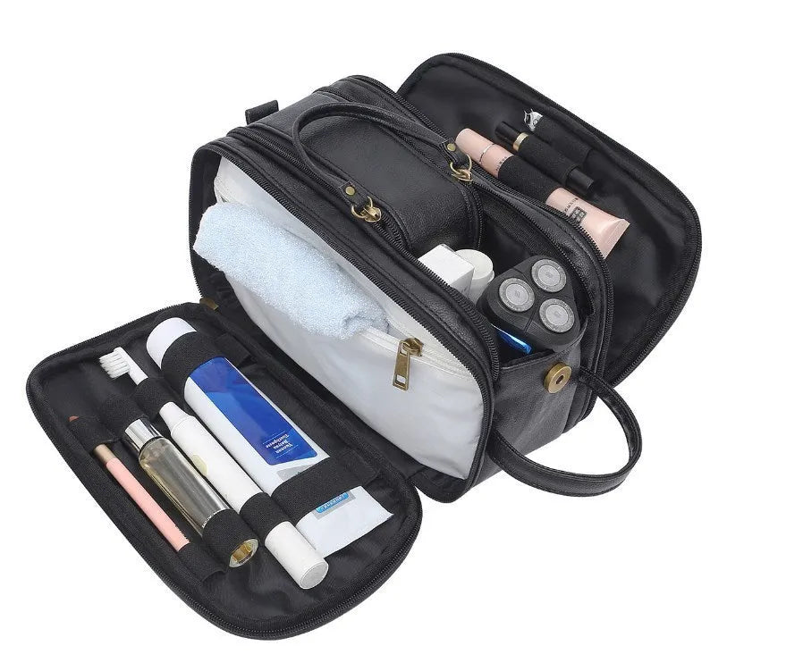 Men's black toiletry bag with multiple compartments made from waterproof PU leather