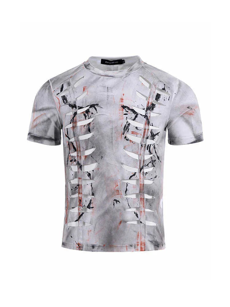 Men's white cotton T-shirt with a decorative cut-out pattern on the short sleeves and a round neck.