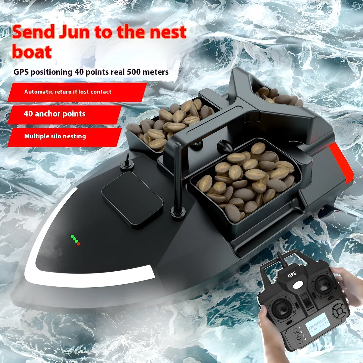 V020 black and luminous yellow GPS remote control fishing boat with remote handset.