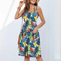 Women's sleeveless floral print dress with short skirt length in polyester fabric