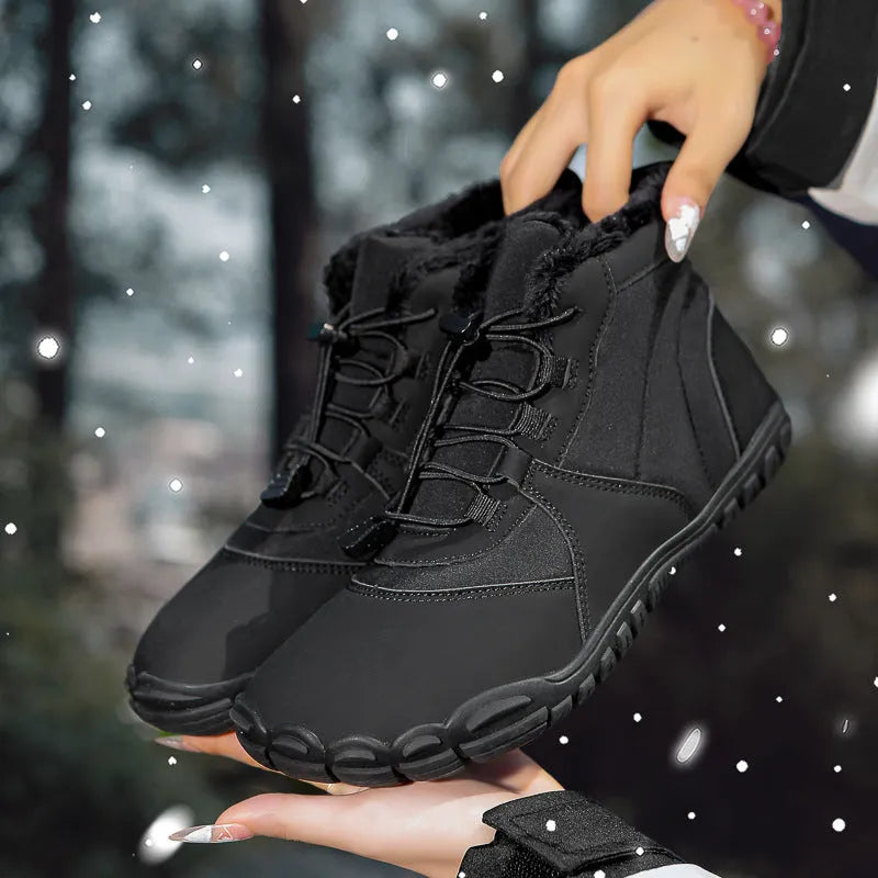 Waterproof fleece-lined outdoor snow boots with round toe and front lace-up in black, khaki, or pink.