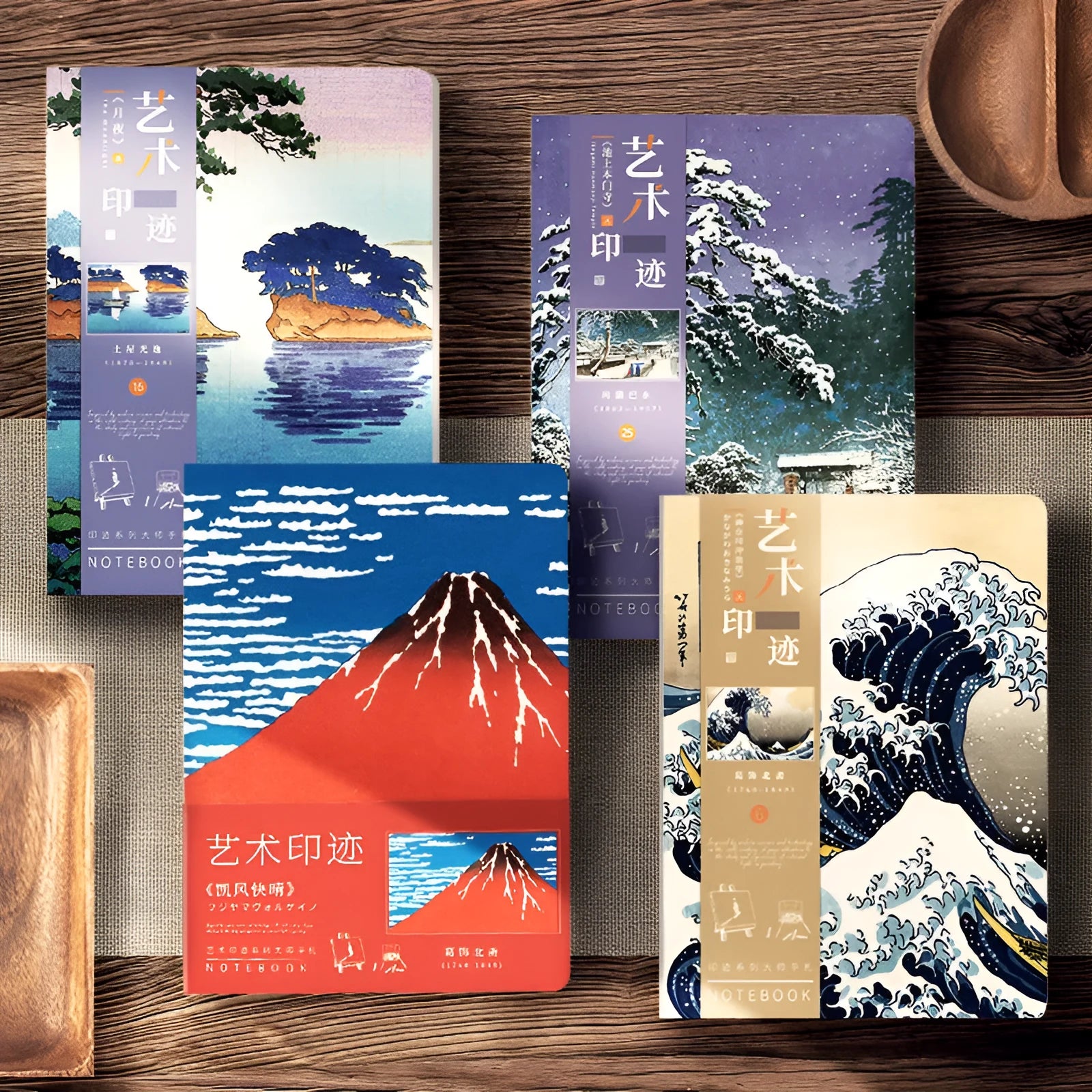 Ukiyo-e art ledger notebook with Kanagawa wave cover design showing dimensions and Daolin paper pages