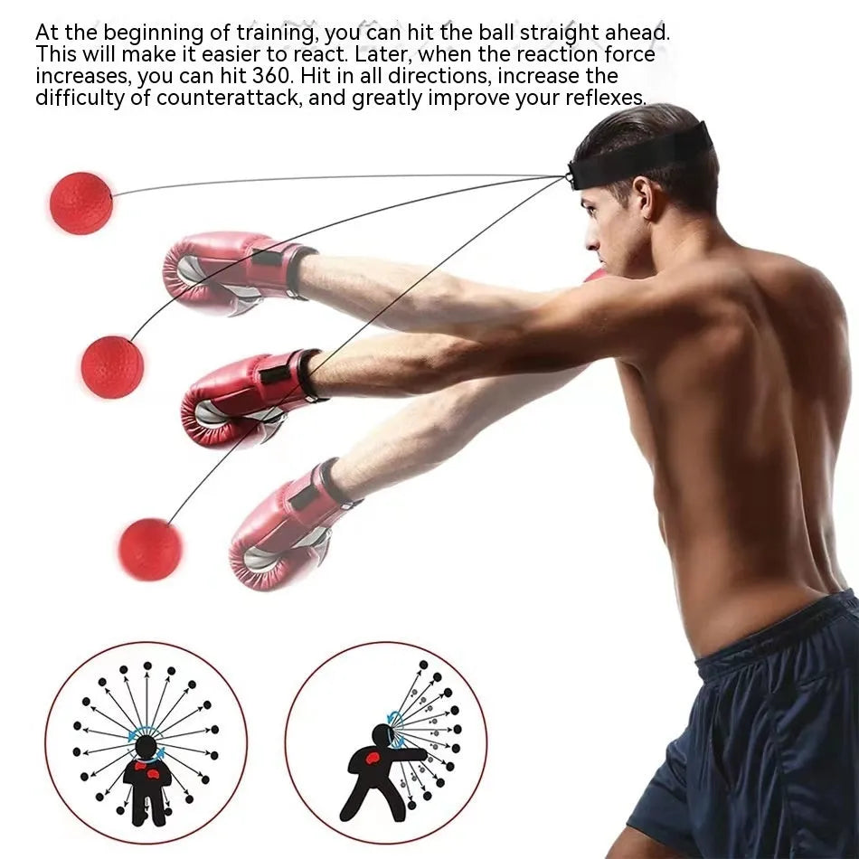 Head-mounted boxing reaction training ball with adjustable headband and choice of red, green, or yellow soft balls.