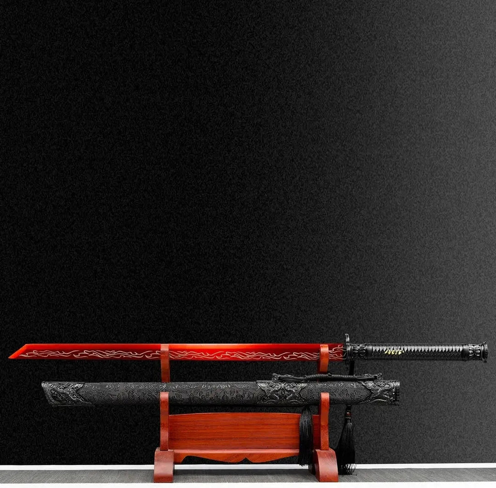 Blazing Flame 110cm unsharpened 65 manganese steel Tang Dynasty horizontal sword with leather-covered wood scabbard