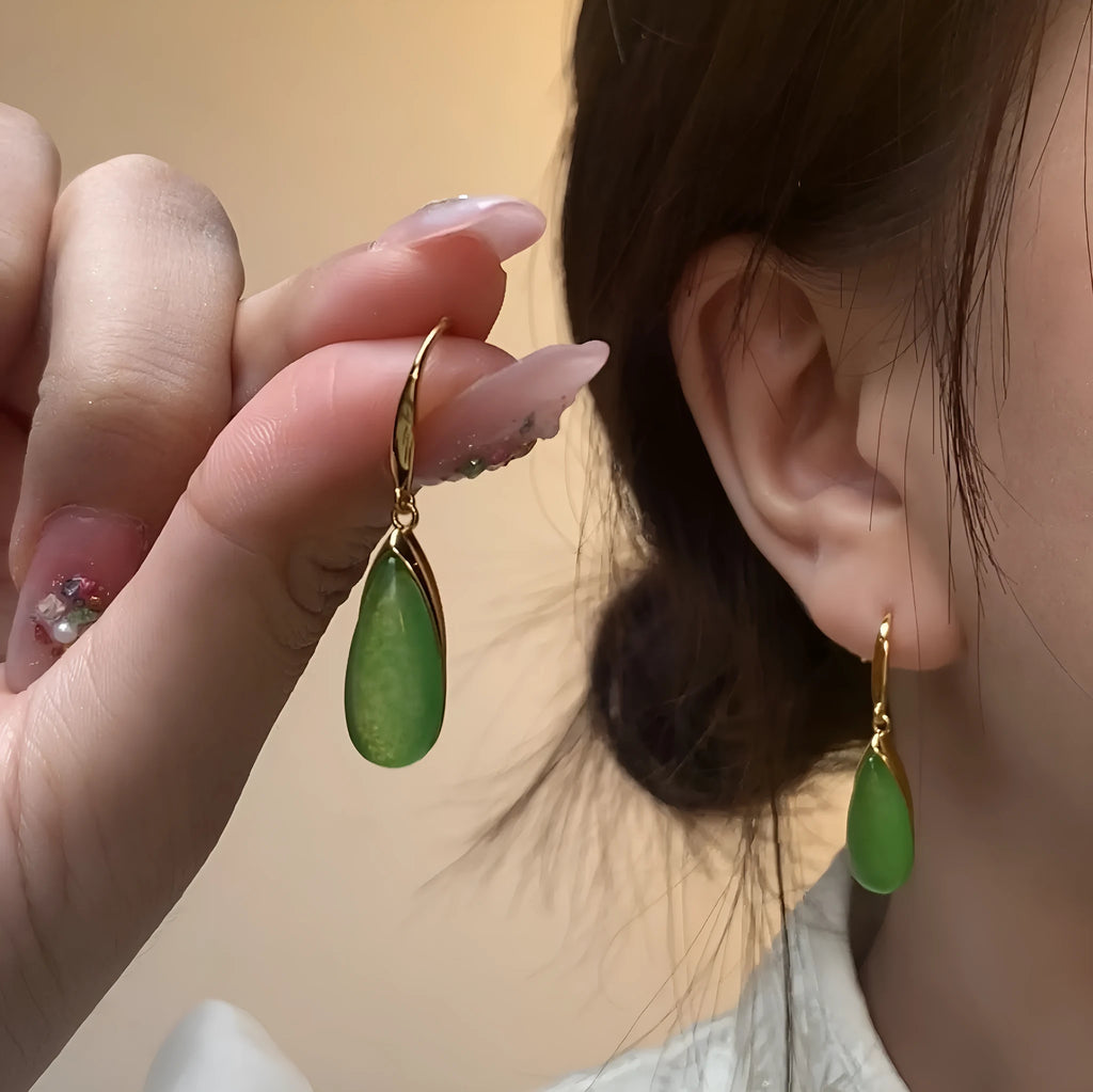 Chinese style geometric drop earrings with water droplet design in CP798 jade colour
