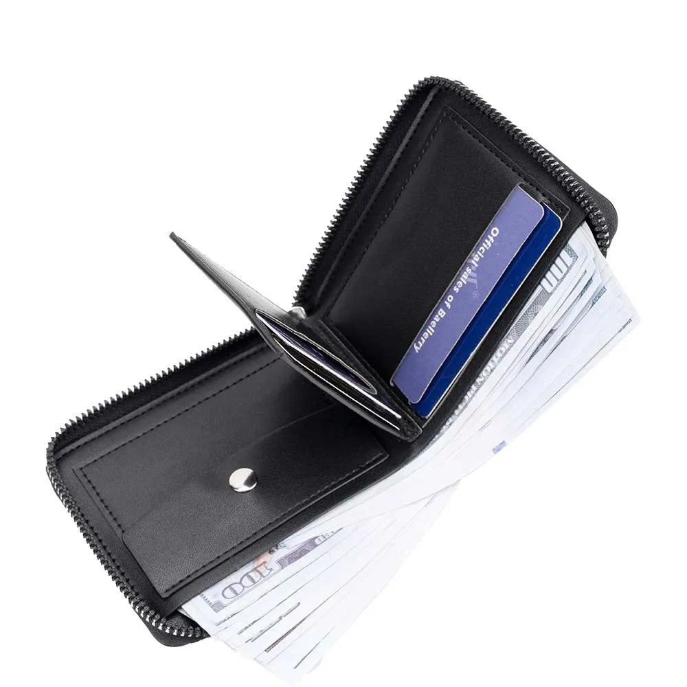 Black leather credit card wallet with anti-theft zipper and embossed pattern