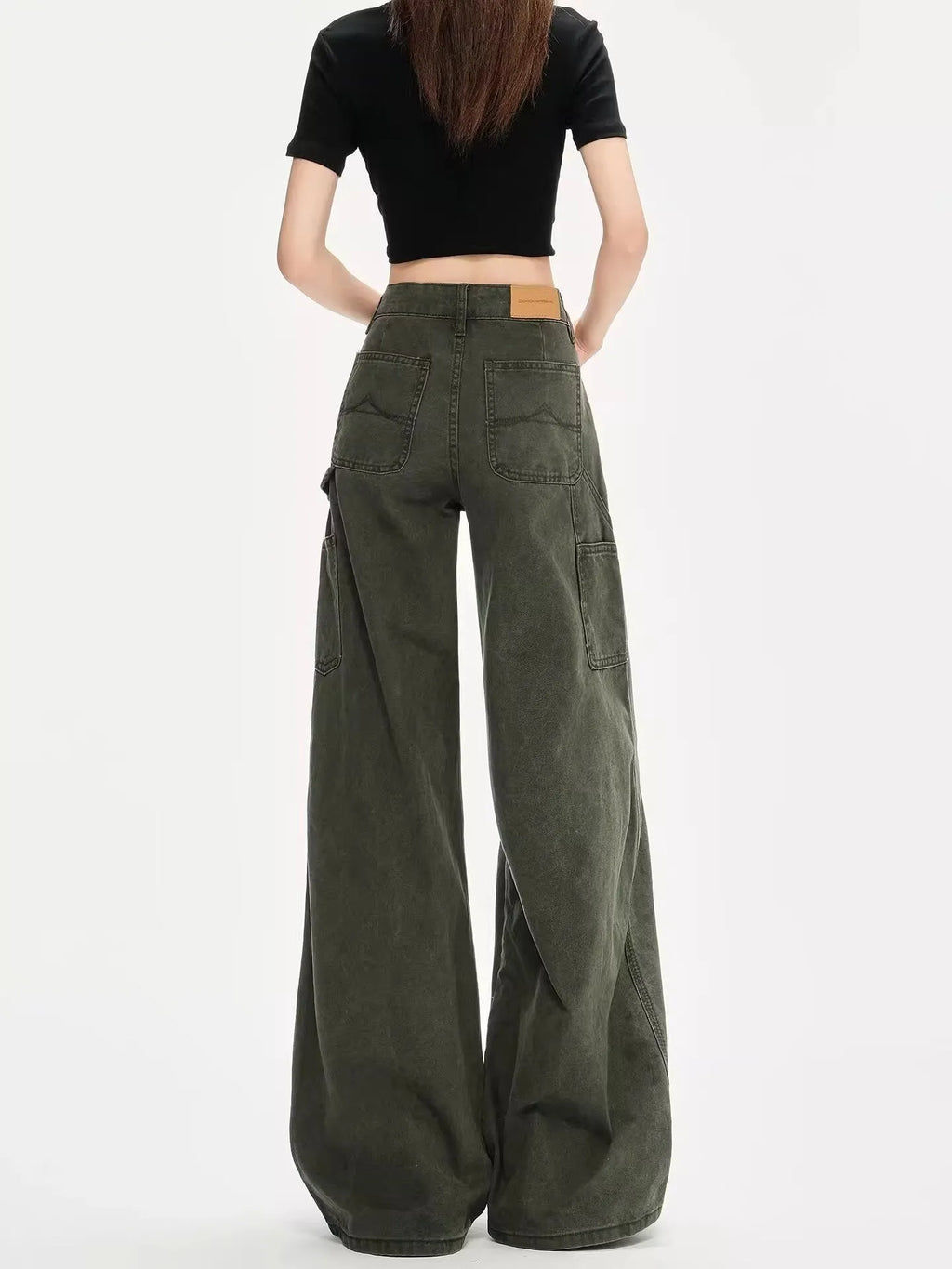 Women's Army Green denim flared overalls with loose straight-leg and ultra-low-rise waist