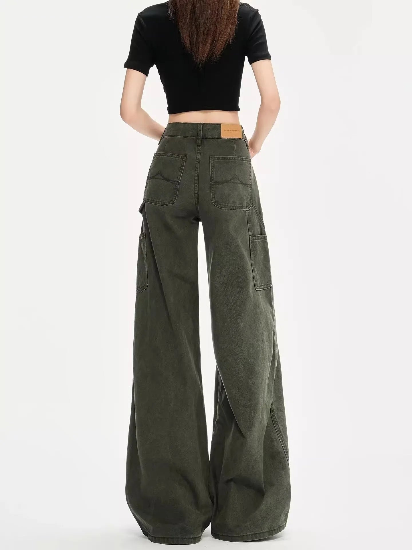 Women's Army Green denim flared overalls with loose straight-leg and ultra-low-rise waist