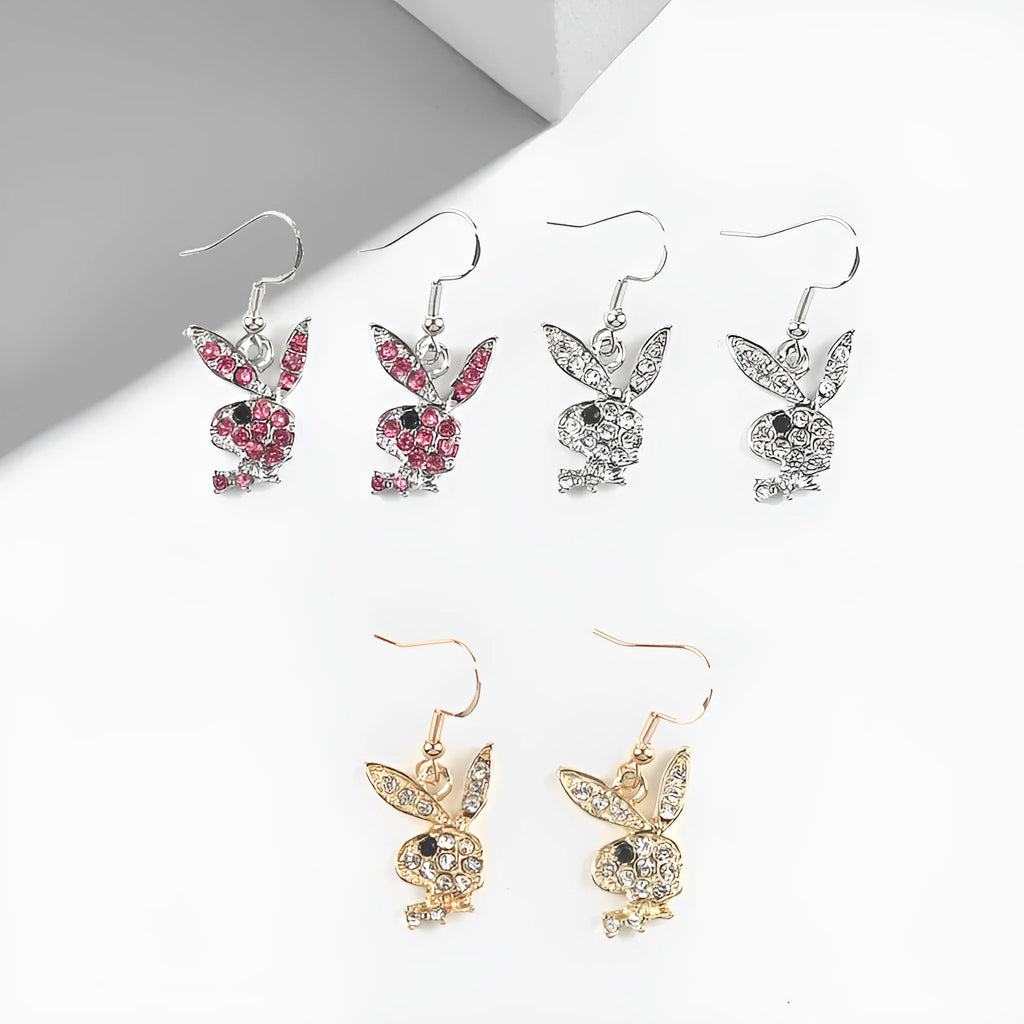Gold, pink, and silver alloy rabbit stud earrings with cartoon and constellation designs