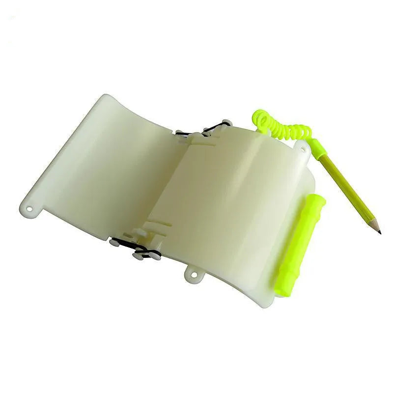 White luminous underwater writing wristboard for divers on a wrist, with pencil and spare o-ring.