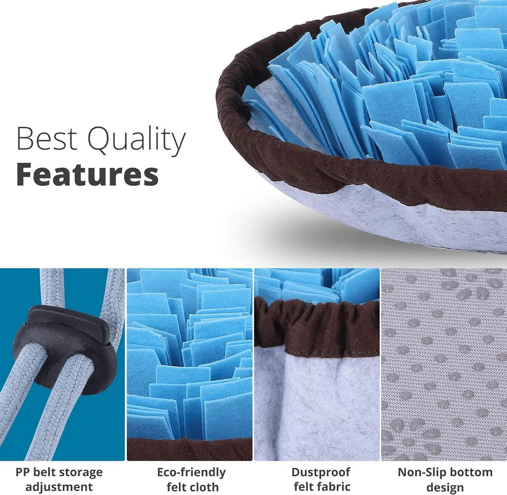 Blue adjustable dog snuffle mat spread out showing foraging folds for slow feeding