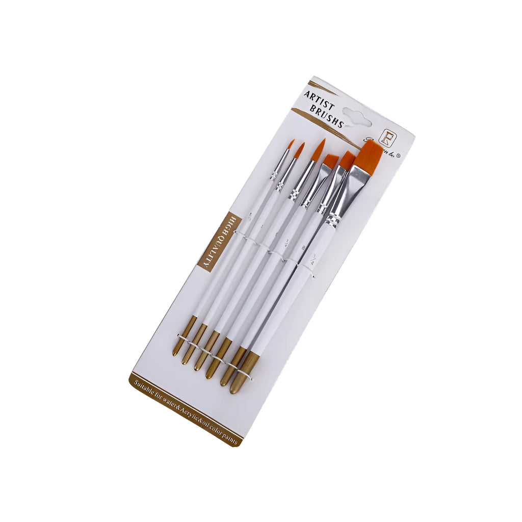 Set of six watercolour acrylic brushes with wood handles and metal ferrules in assorted sizes.