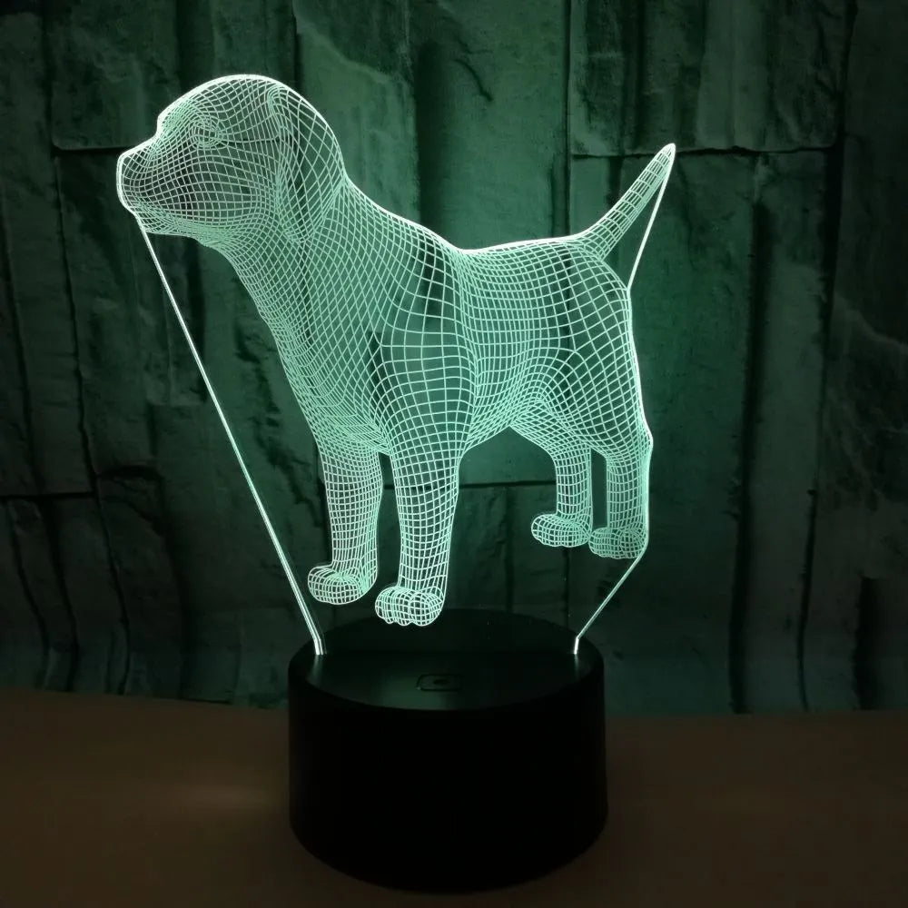 Dog-shaped mood lamp with USB cable and remote control, showing 7 colour touch options