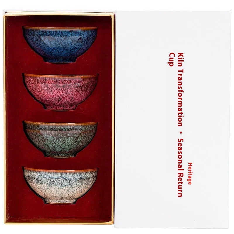 Four ceramic Kung Fu tea cups in a light colour gift box, new Chinese style household tea set.