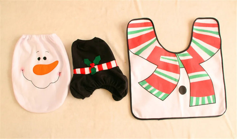 Christmas bathroom set with flannel shower curtain, toilet cover, and floor mats featuring Santa Claus design