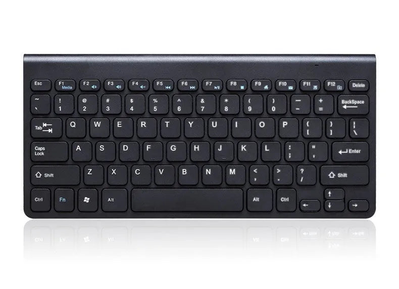 Black and white 2.4 GHz wireless keyboard and mouse set with USB receiver on a desk.