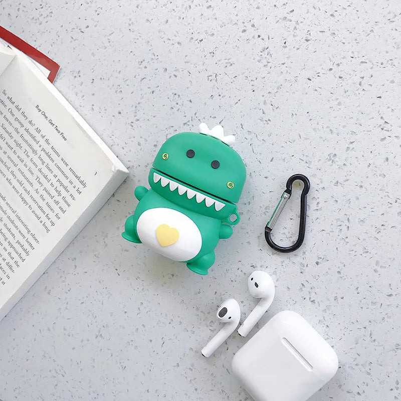 Green silicone protective case for AirPods 1 and 2 with a cartoon animal design on the front.