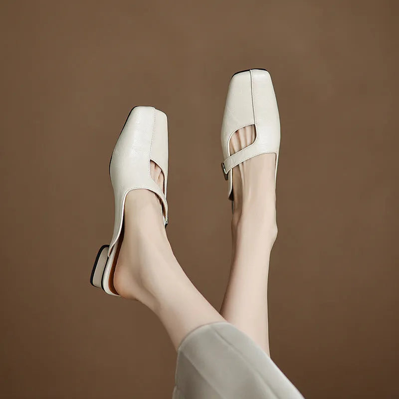 Low heel square toe outdoor slippers in black, beige, or silver with rubber sole