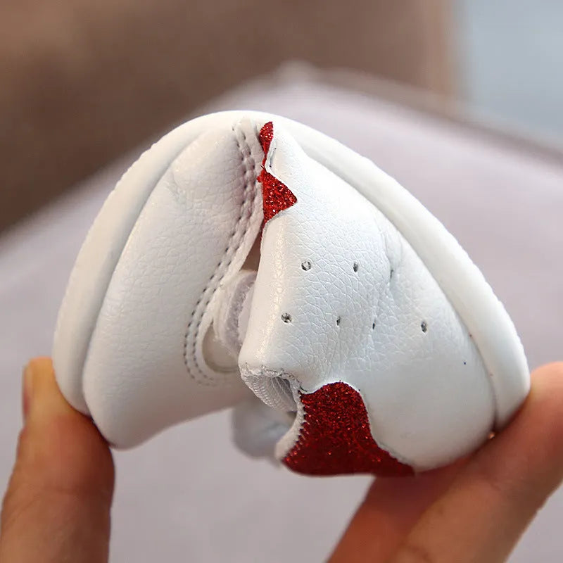 Toddler soft sole shoes with Velcro fastening, Korean embroidery, in white black colourway
