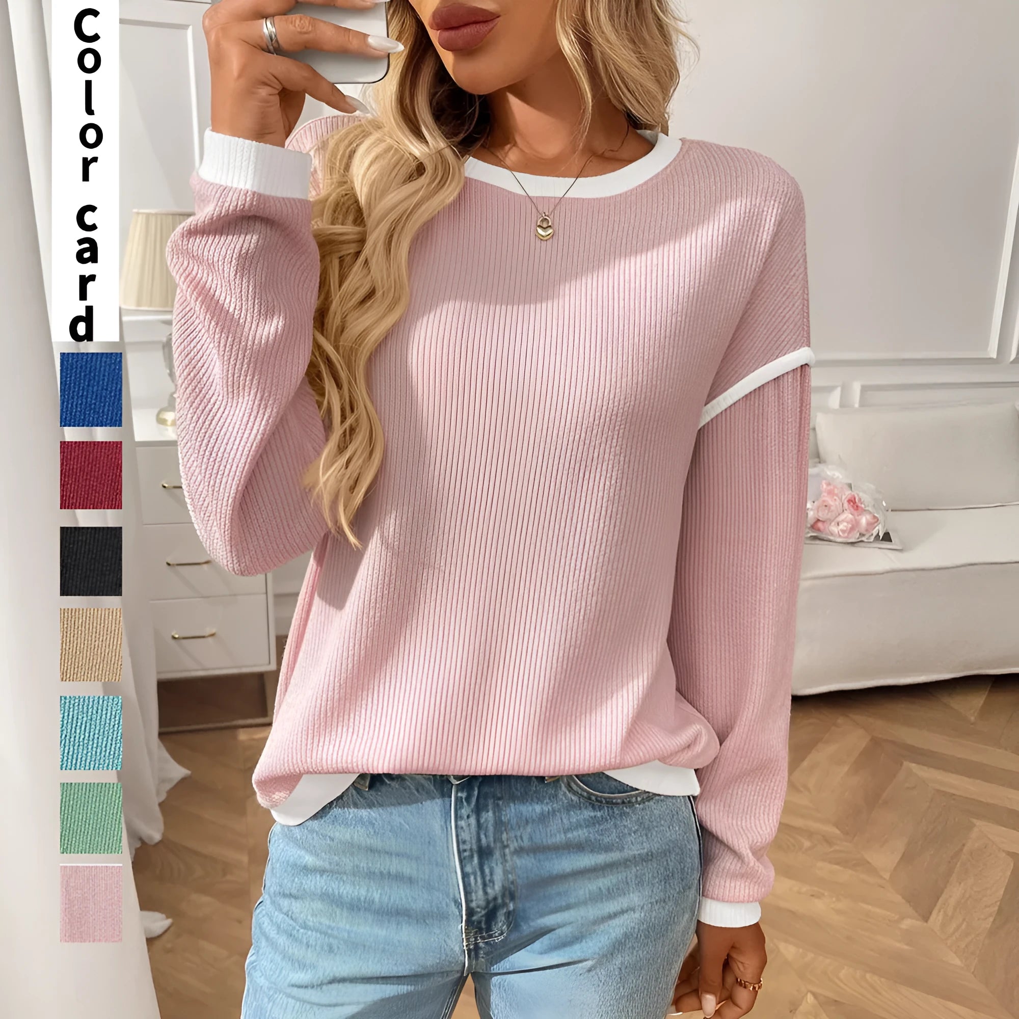 Women's loose round neck long sleeve polyester pullover top in multiple colours