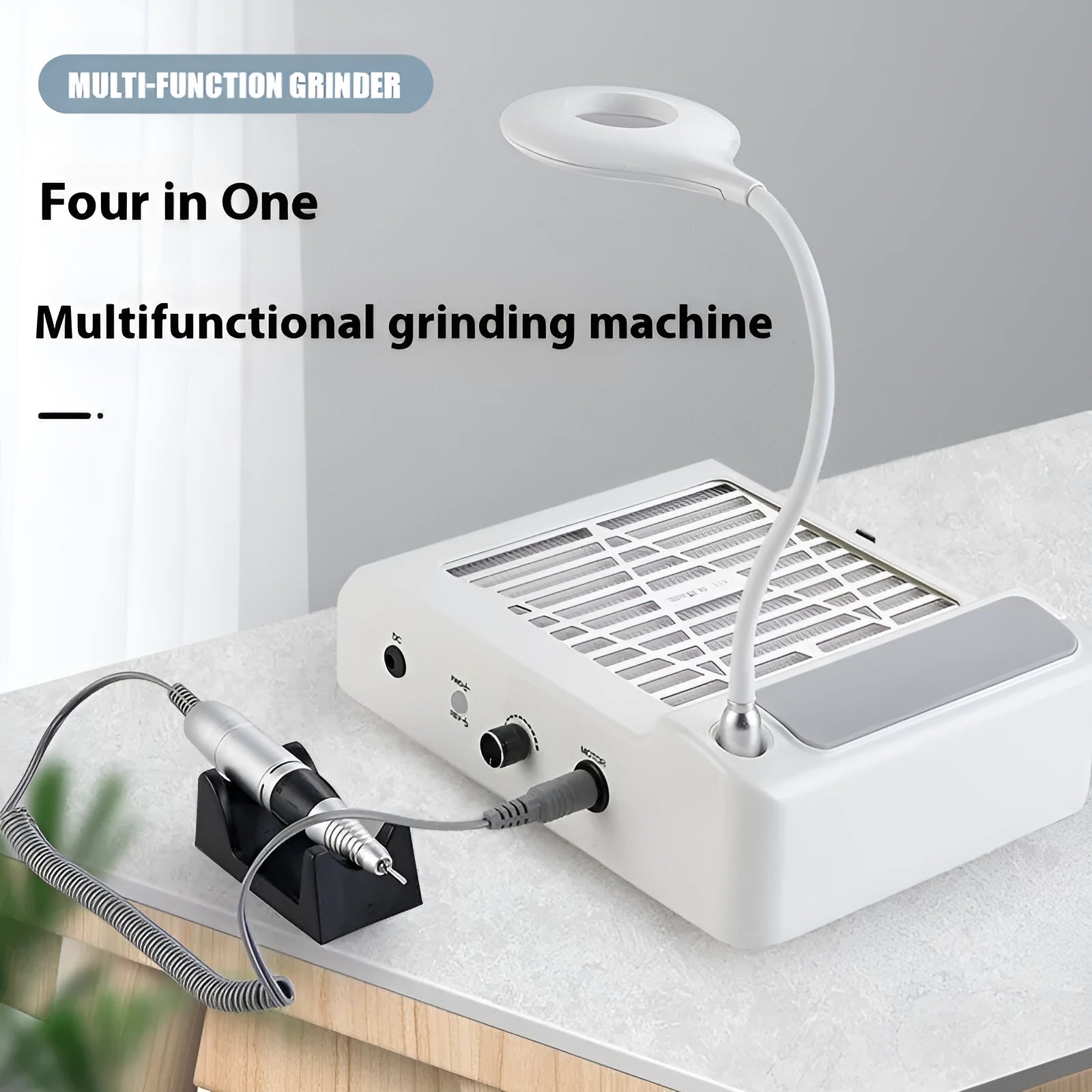 White nail polishing machine with vacuum system and four-in-one grinding attachments