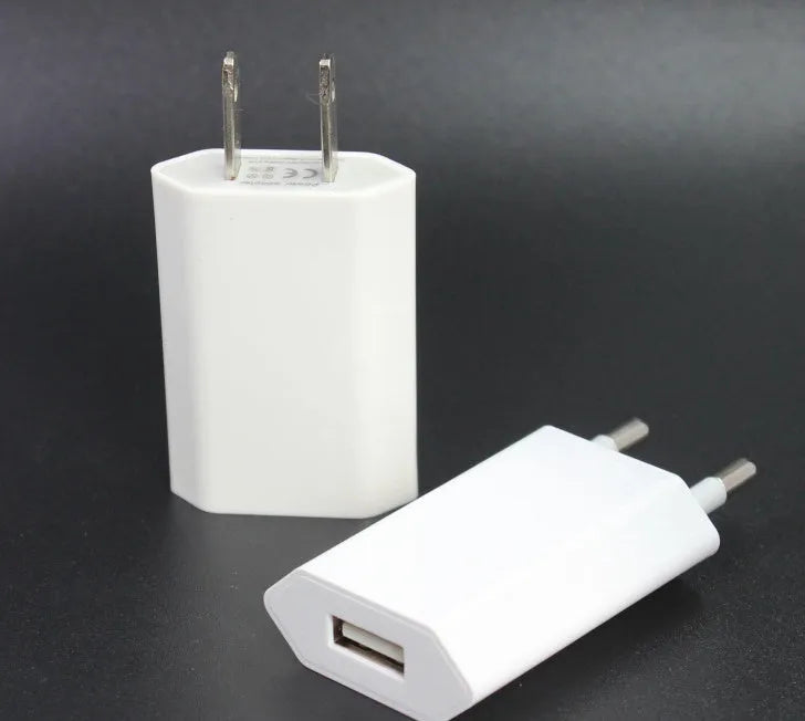 White USB wall charger and Lightning cable for iPhone and iPad models on a grey background.
