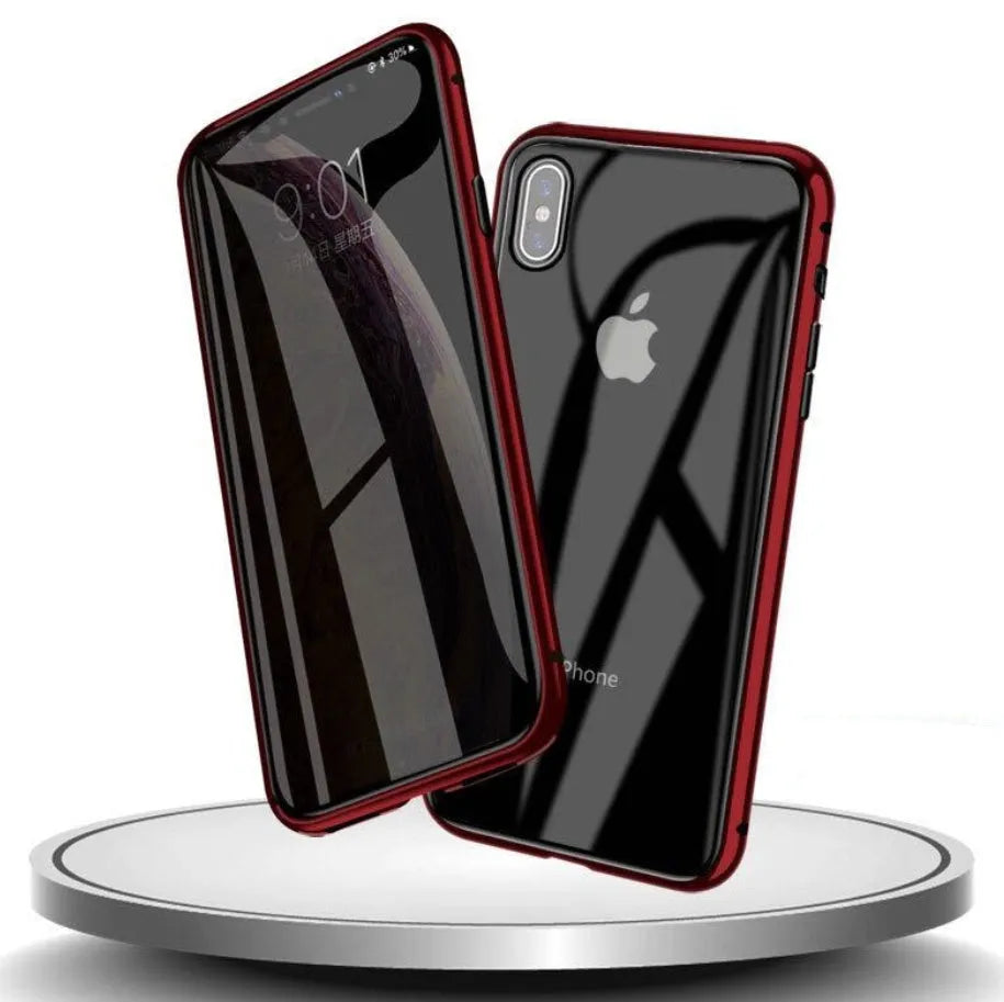 Anti-spy privacy phone case in black with a glass screen guard, shown next to an iPhone.