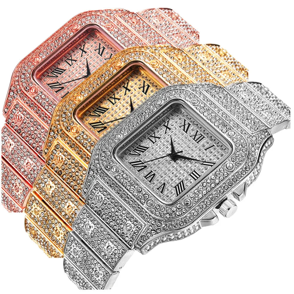 Roman grain graduation quartz watch with square diamond-studded dial and black mesh band, with coordinating bracelet and necklace