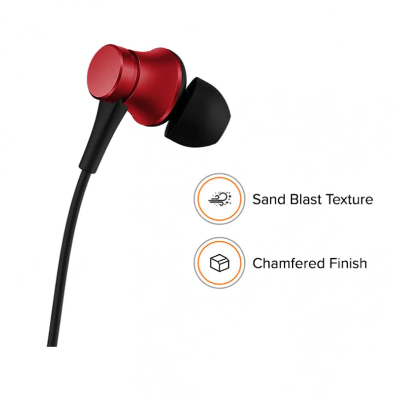 Piston-style in-ear wired headphones with 3.5mm jack in black, blue, and red colour options.