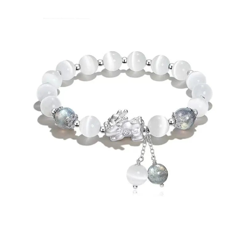 Natural black agate and gray opal couple bracelet with 10mm wave design and manual craftsmanship