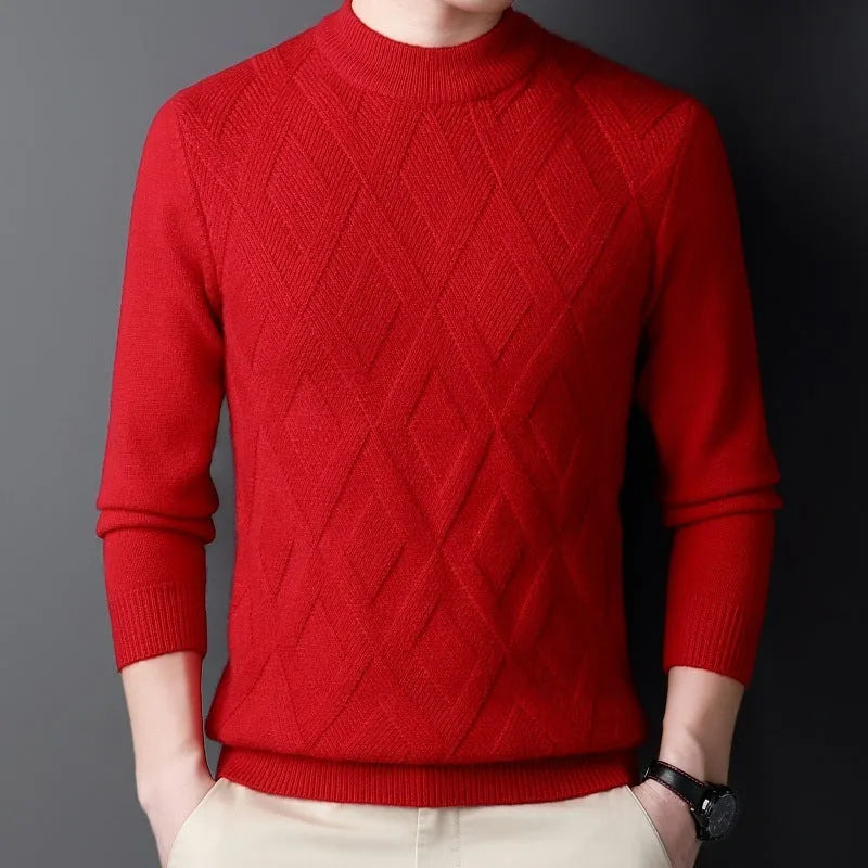 Men's thick diamond jacquard winter sweater in light camel colour, showing textured pattern