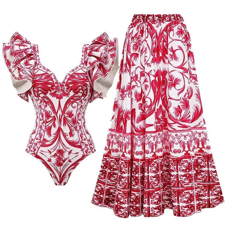 Women's floral print one-piece swimsuit with optional skirt in rose pink, white, blue, or red.
