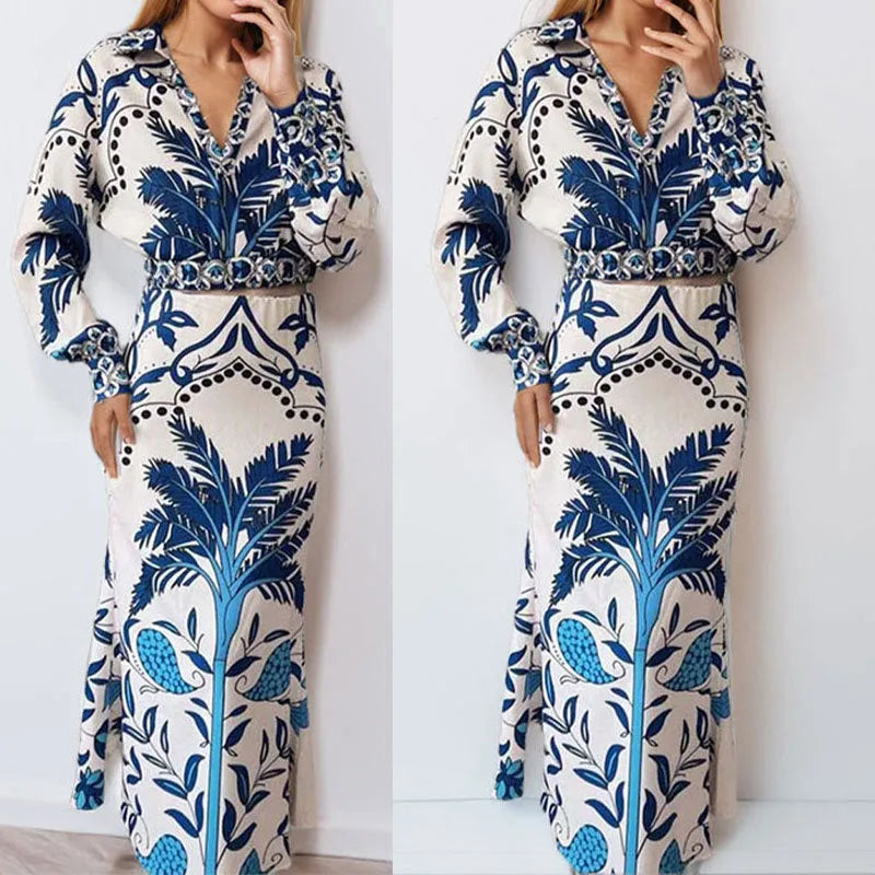 Women's polyester spring co-ord set with long sleeve top and matching long skirt in picture colour