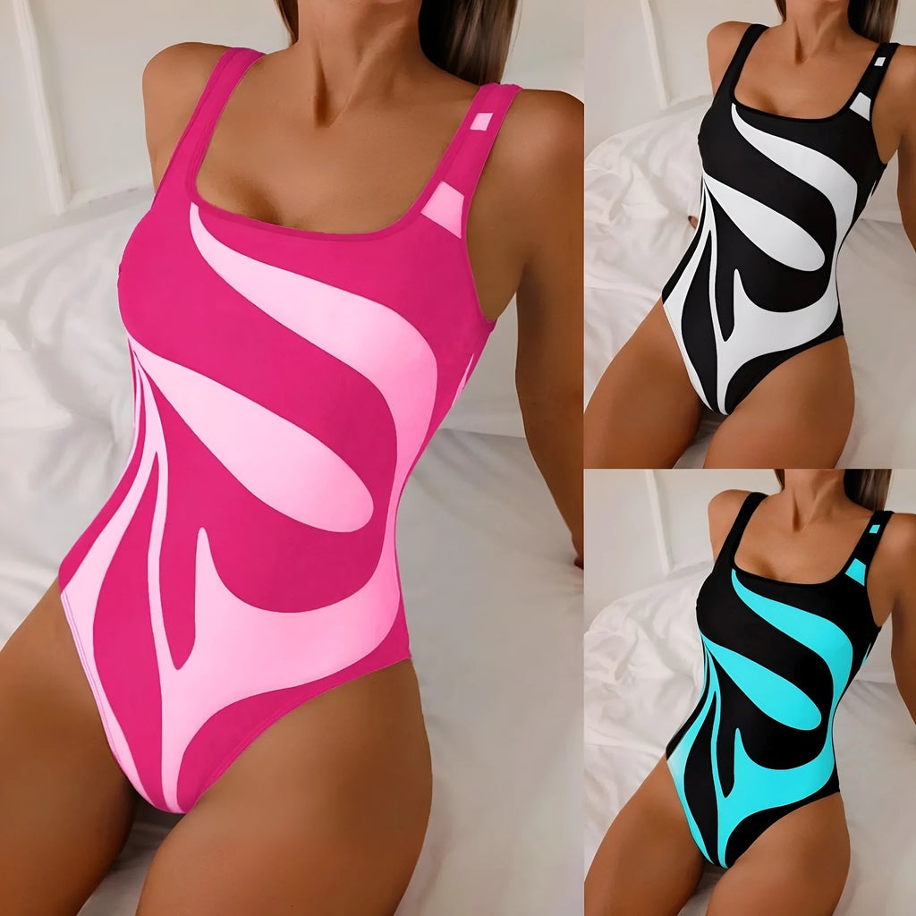 New one-piece printed suspender women's swimsuit in nylon with adjustable straps and colour options Black, Rose Red, Lake Blue