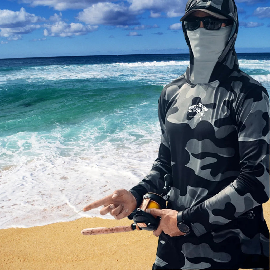 Men's grey fishing shirt with hoodie and neck cover showing mesh side panels for breathability