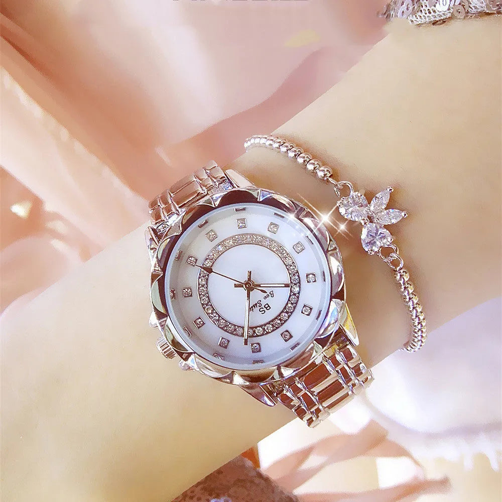 Women's quartz watch with diamond accents in gold colour, mineral glass, 30m water resistant